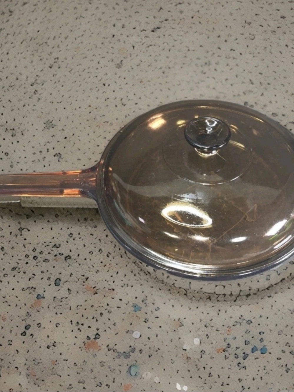 Pyrex Clear Glass 10in Skillet waffle bottom with Lid Amber-Tinted Handle
